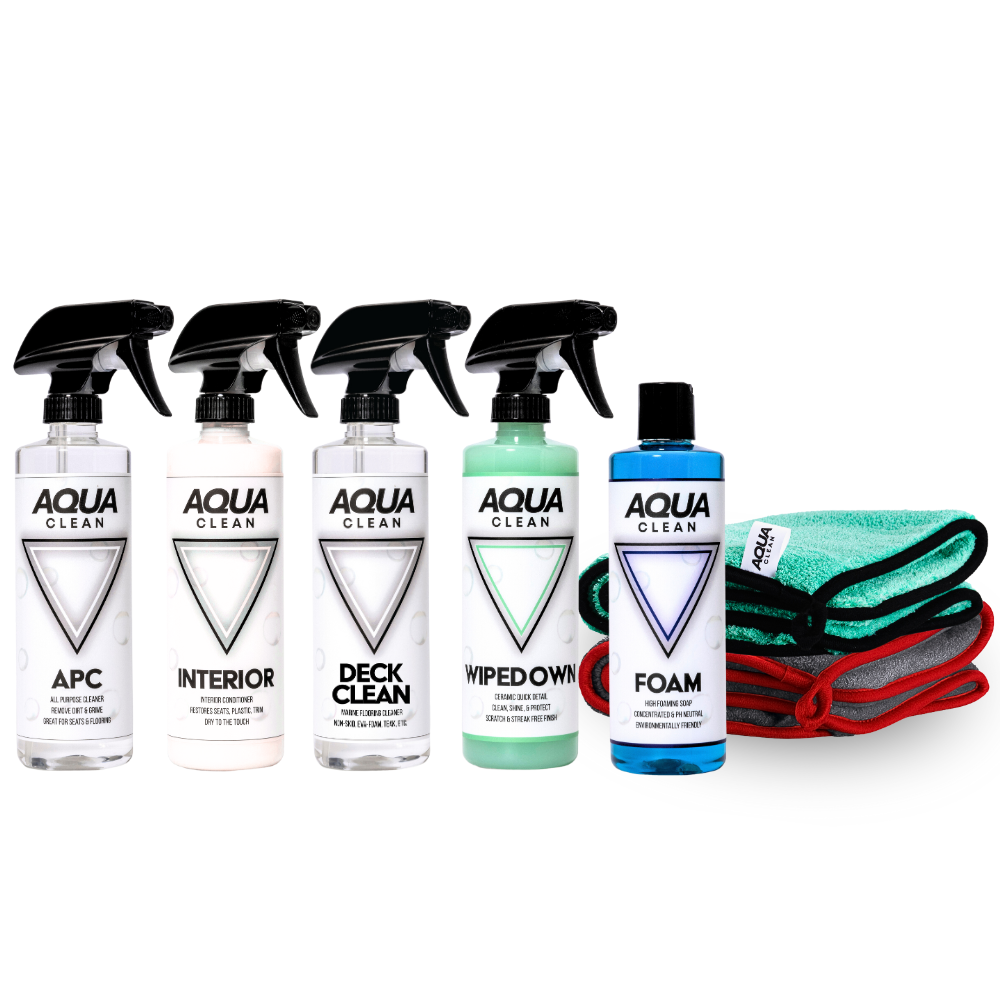 Set of AquaClean marine detailing products including APC, Interior, Deck Clean, Wipedown, Foam and Lux Towels in grey and green