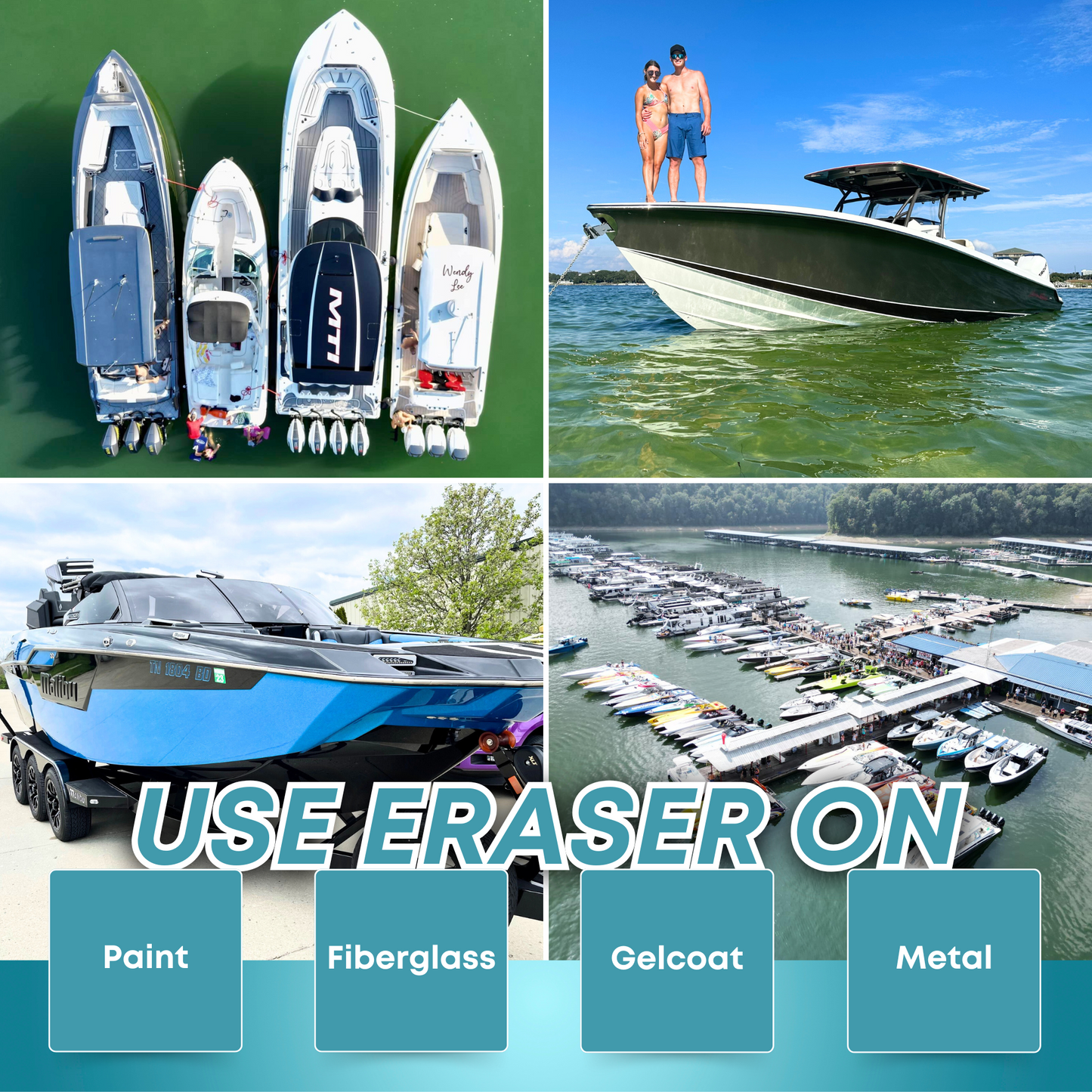 Collage of various boats showing AquaClean Eraser use on different surfaces paint, fiberglass, gelcoat, and metal