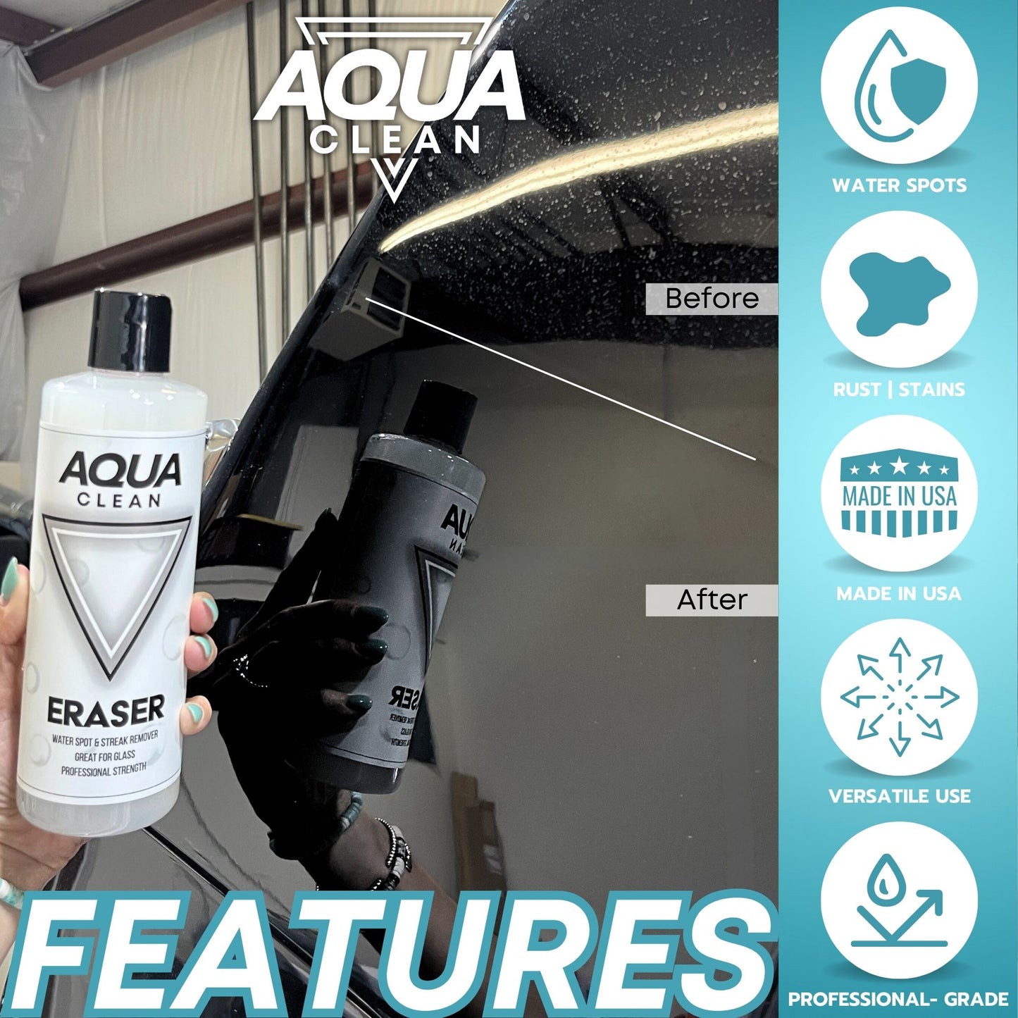 AquaClean Eraser before and after car cleaning demonstration showing water spots removal, rust stains removal, made in USA, versatile use, professional grade features