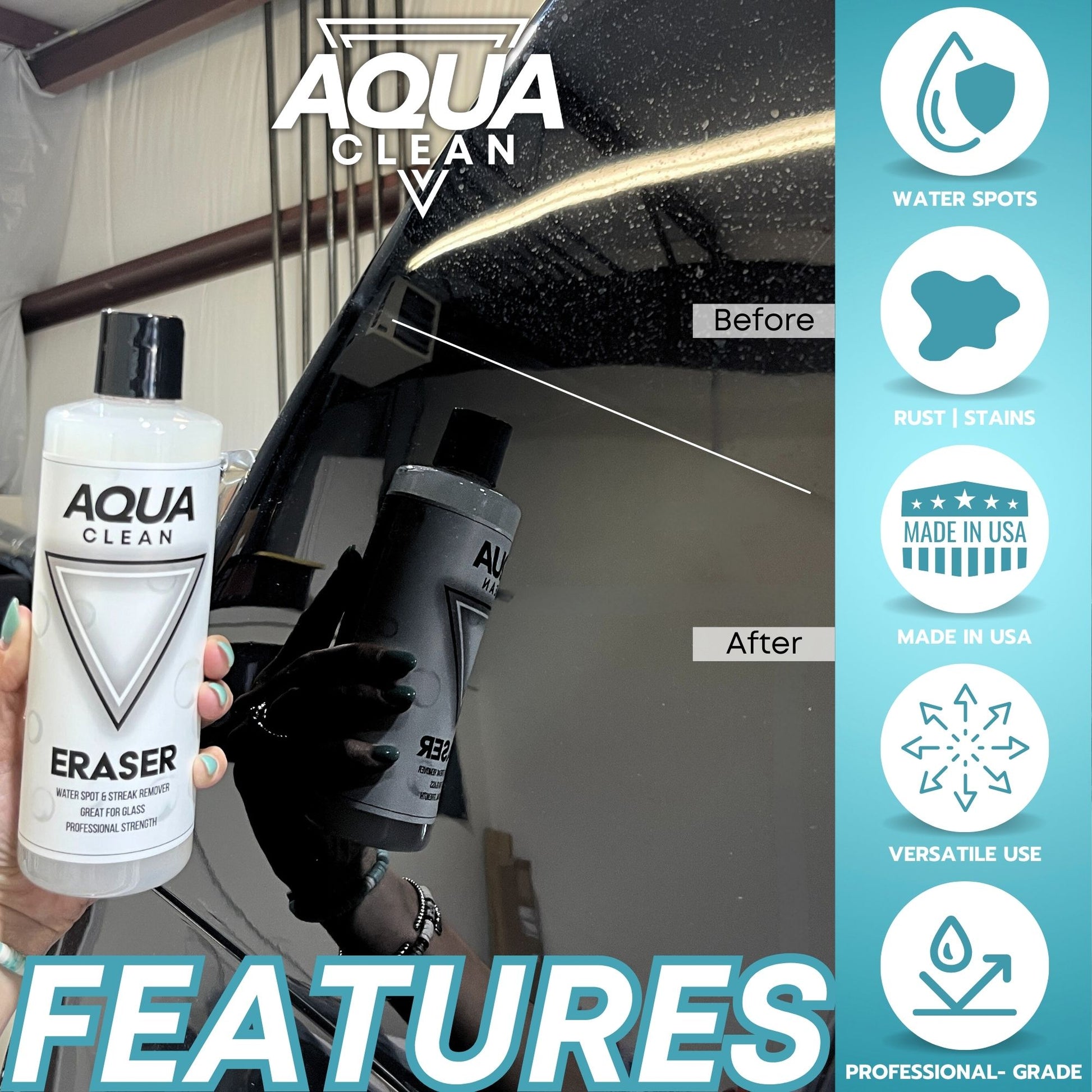 AquaClean Eraser before and after car cleaning demonstration showing water spots removal, rust stains removal, made in USA, versatile use, professional grade features