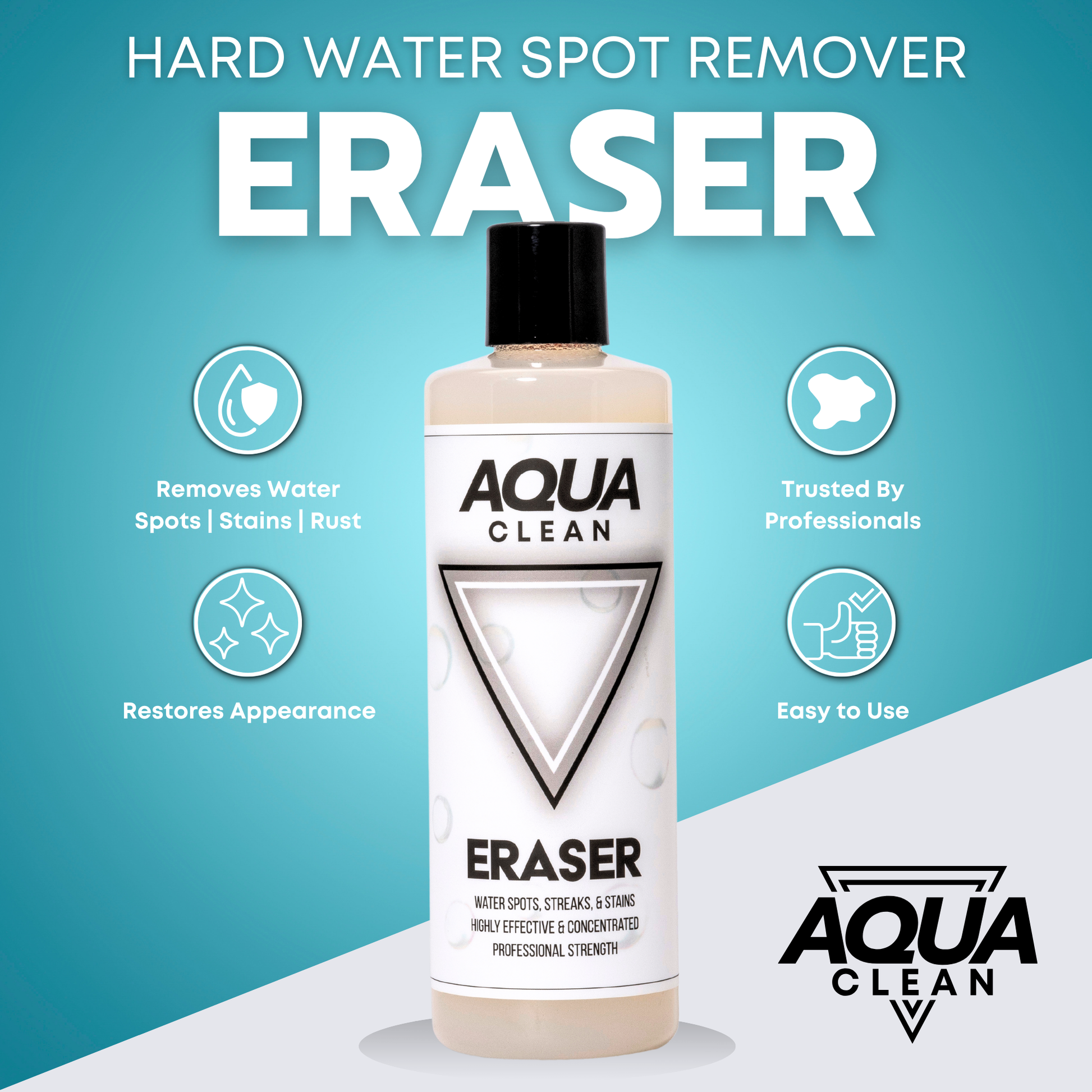 AquaClean Hard Water Spot Remover Eraser bottle on blue background with features removes water spots stains rust, trusted by professionals, restores appearance, easy to use