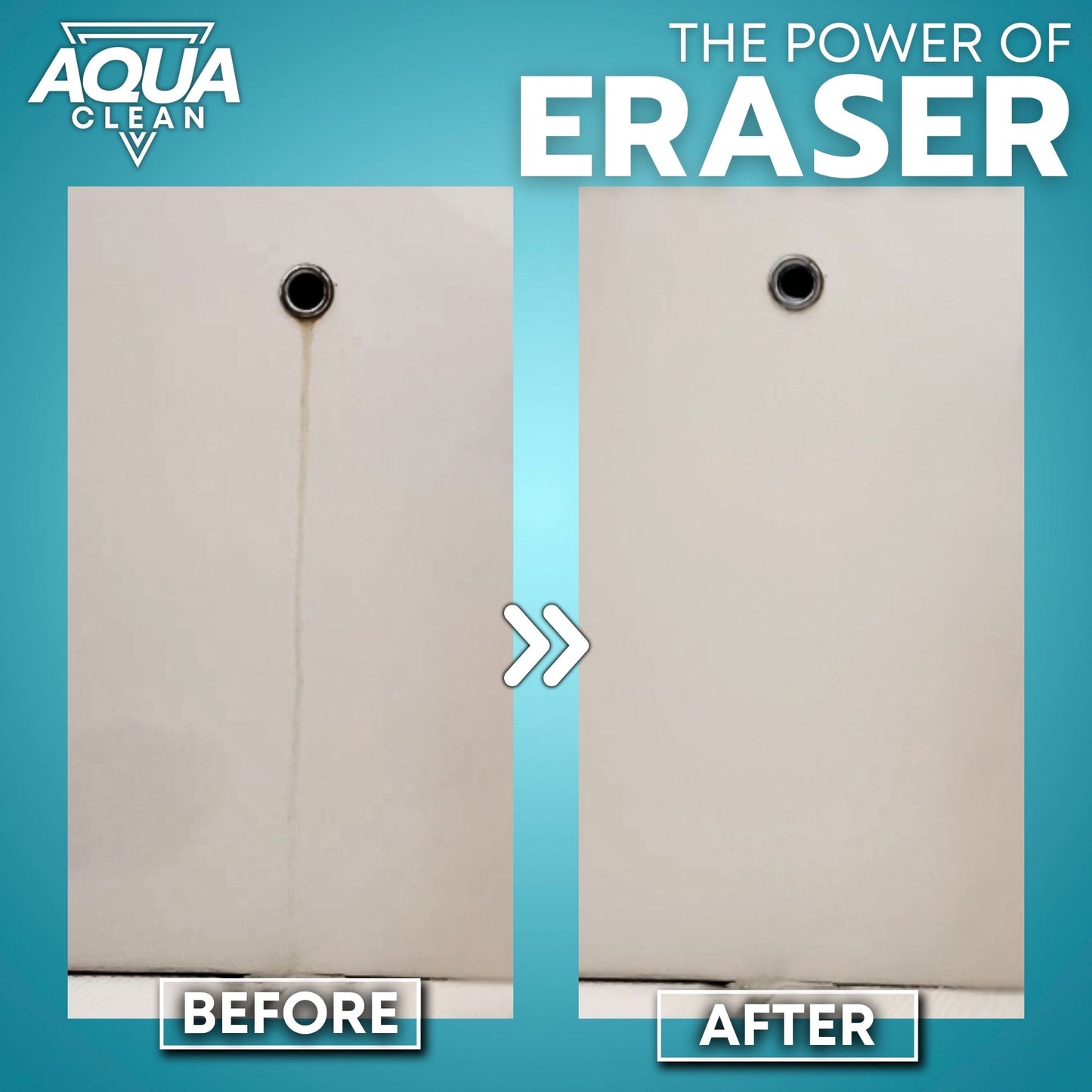 Before and after cleaning comparison with Aqua Clean logo and 'The Power of Eraser' text.