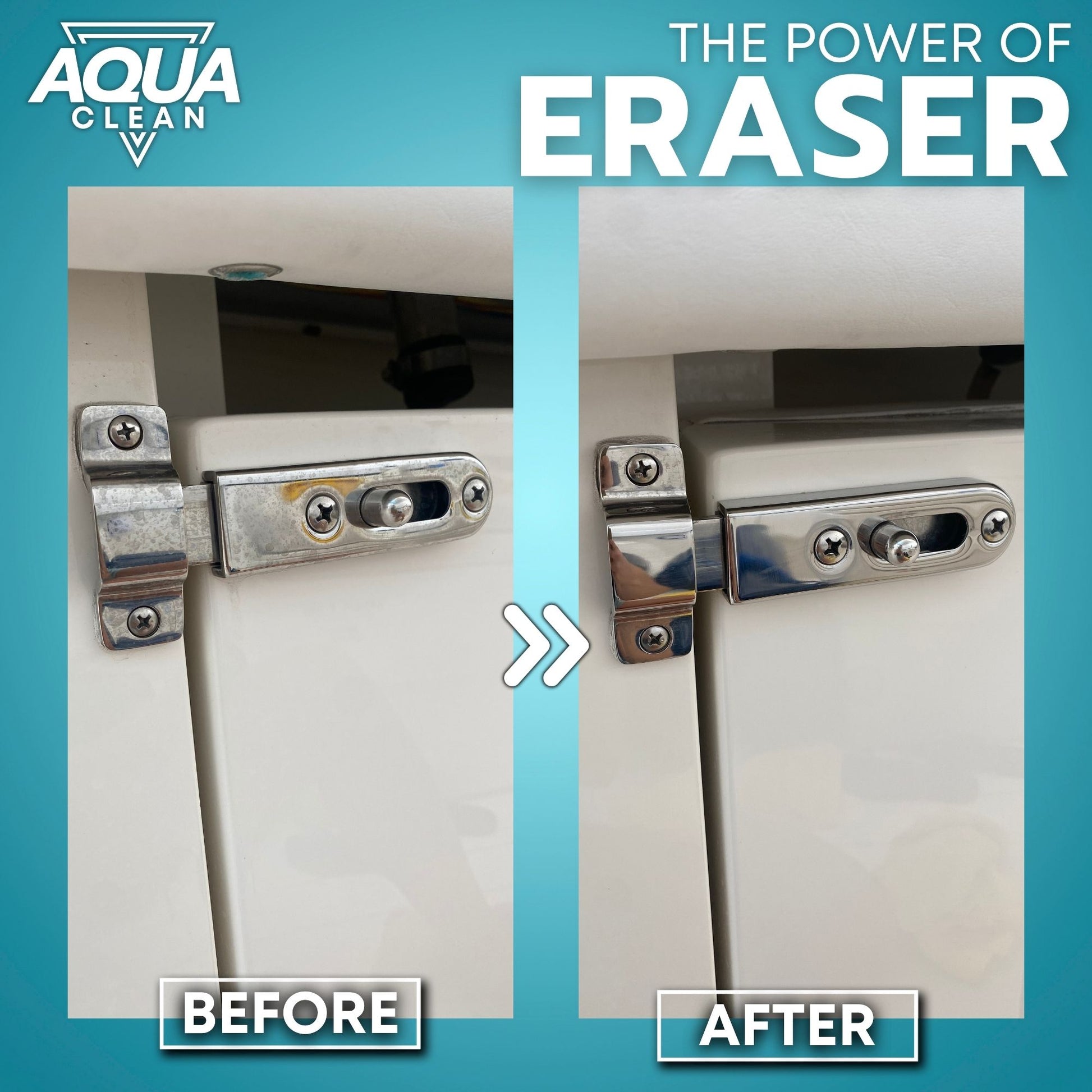 Before and after comparison of a metal hinge cleaned with Aqua Clean Eraser on a blue background.