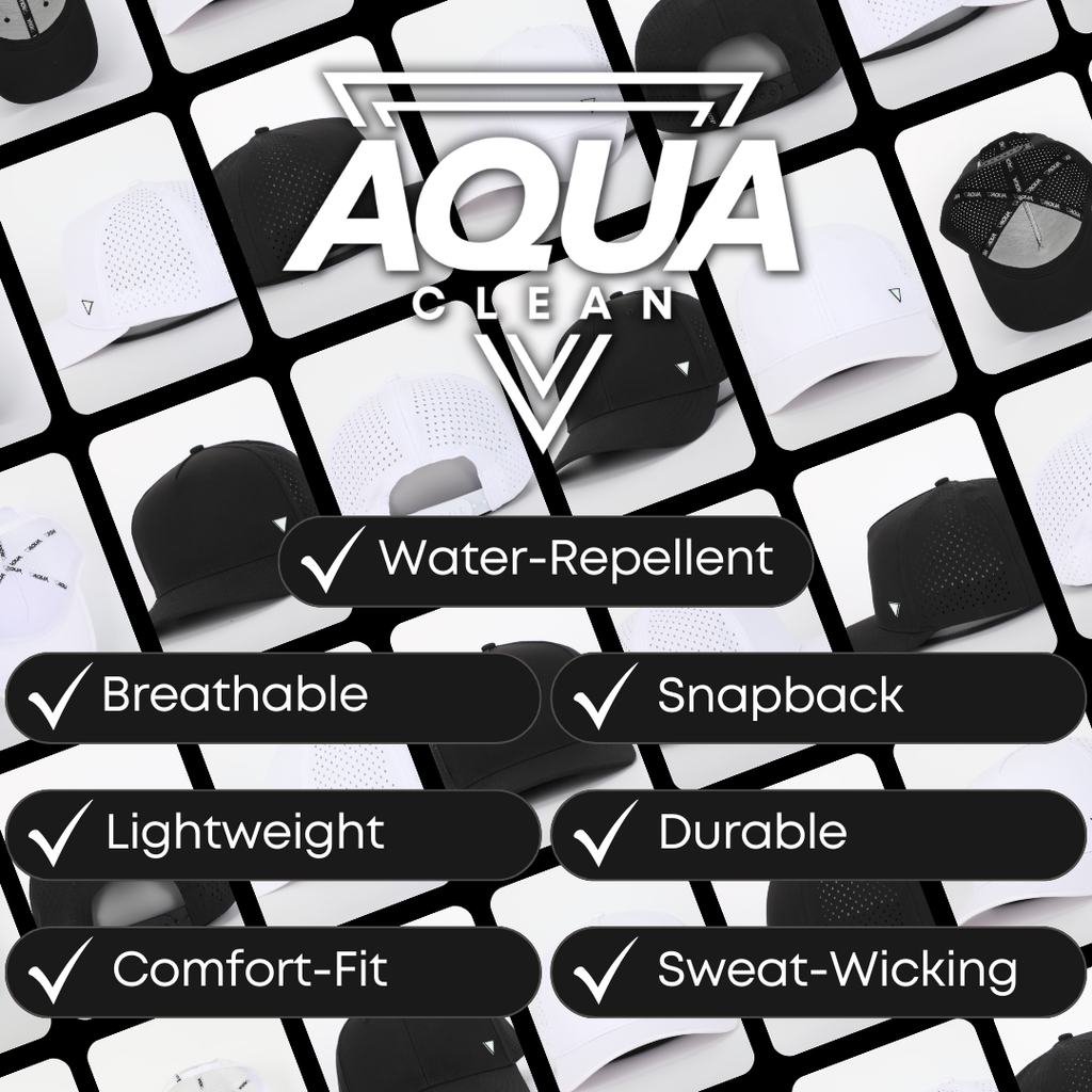 Multiple AquaClean branded hats displayed on surface marine boating lifestyle