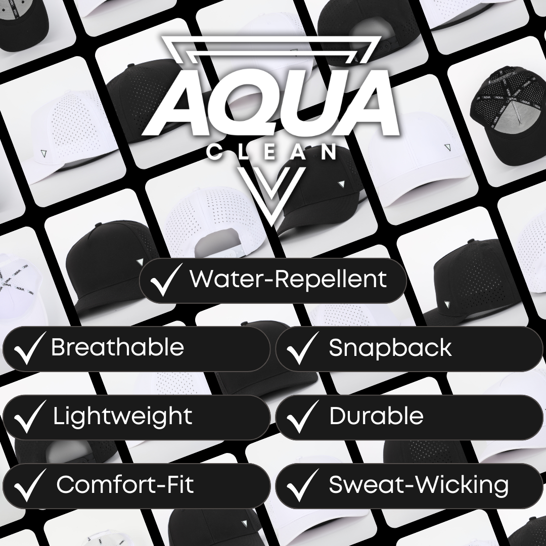 Multiple AquaClean branded hats displayed on surface marine boating lifestyle