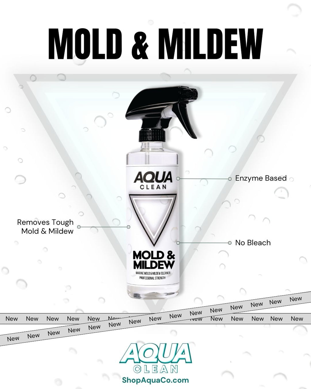 AquaClean Mold and Mildew spray bottle with product features enzyme based, removes tough mold and mildew, no bleach on white background
