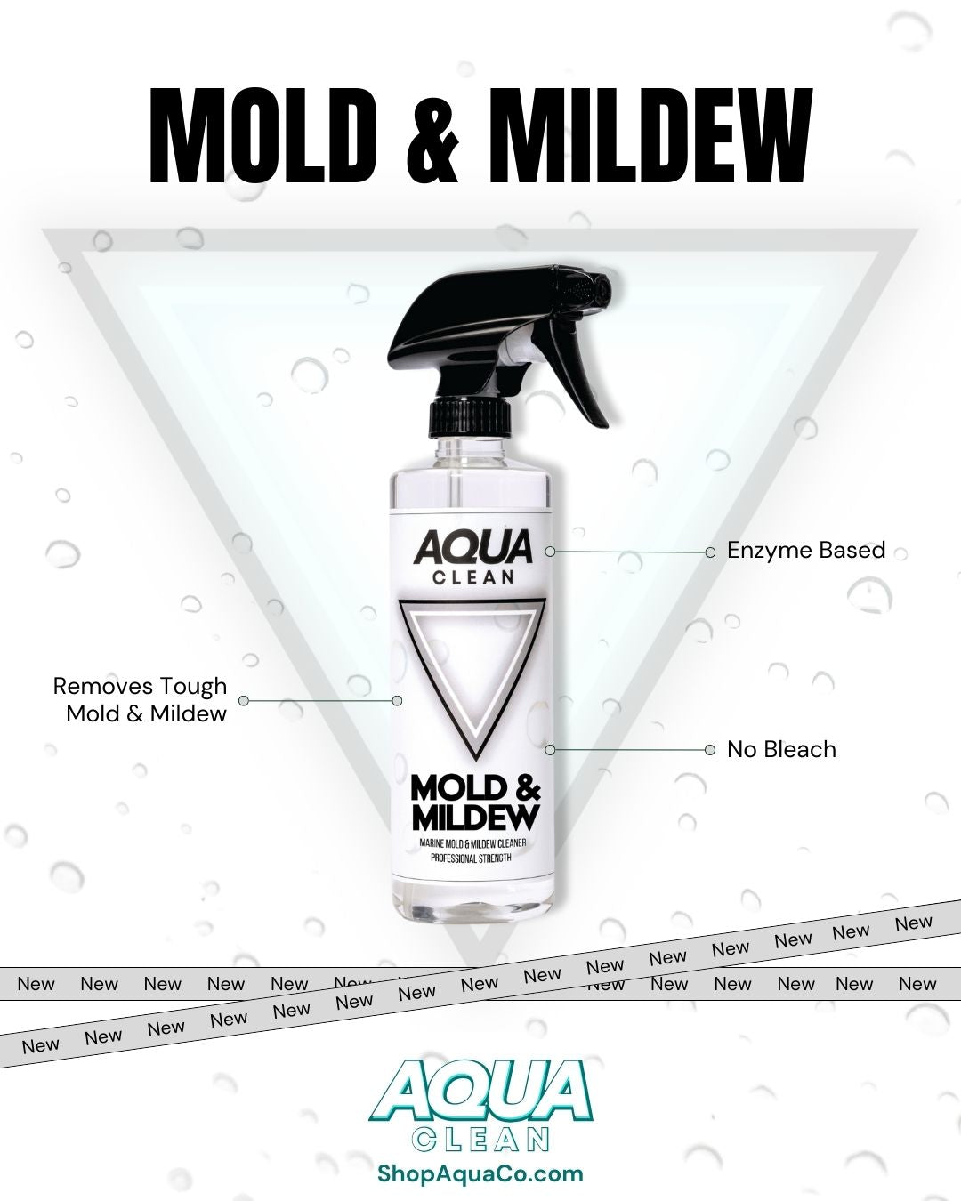 AquaClean Mold and Mildew spray bottle with product features enzyme based, removes tough mold and mildew, no bleach on white background