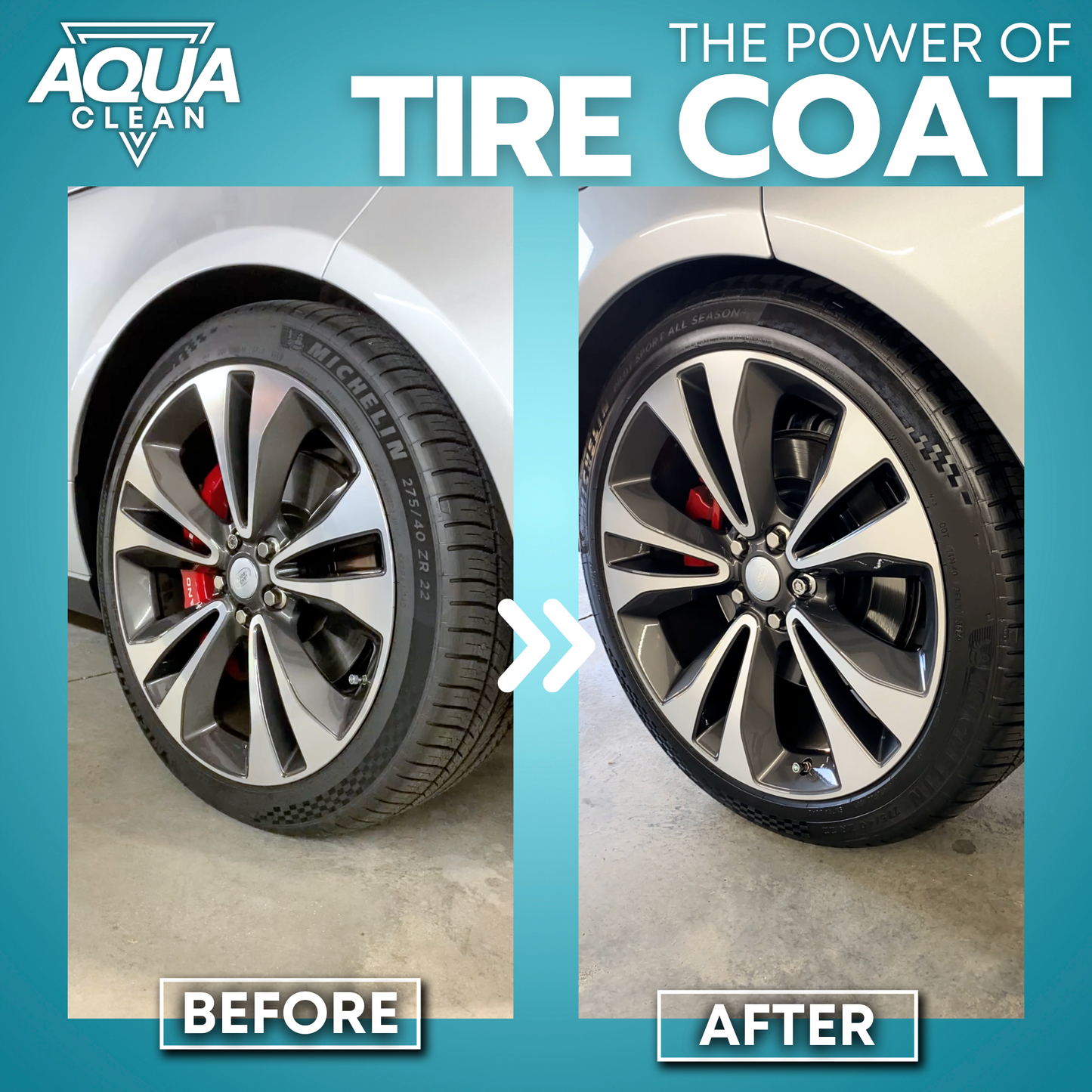 Promotional graphic showing before and after comparison of car tire treated with AquaClean Tire Coat product
