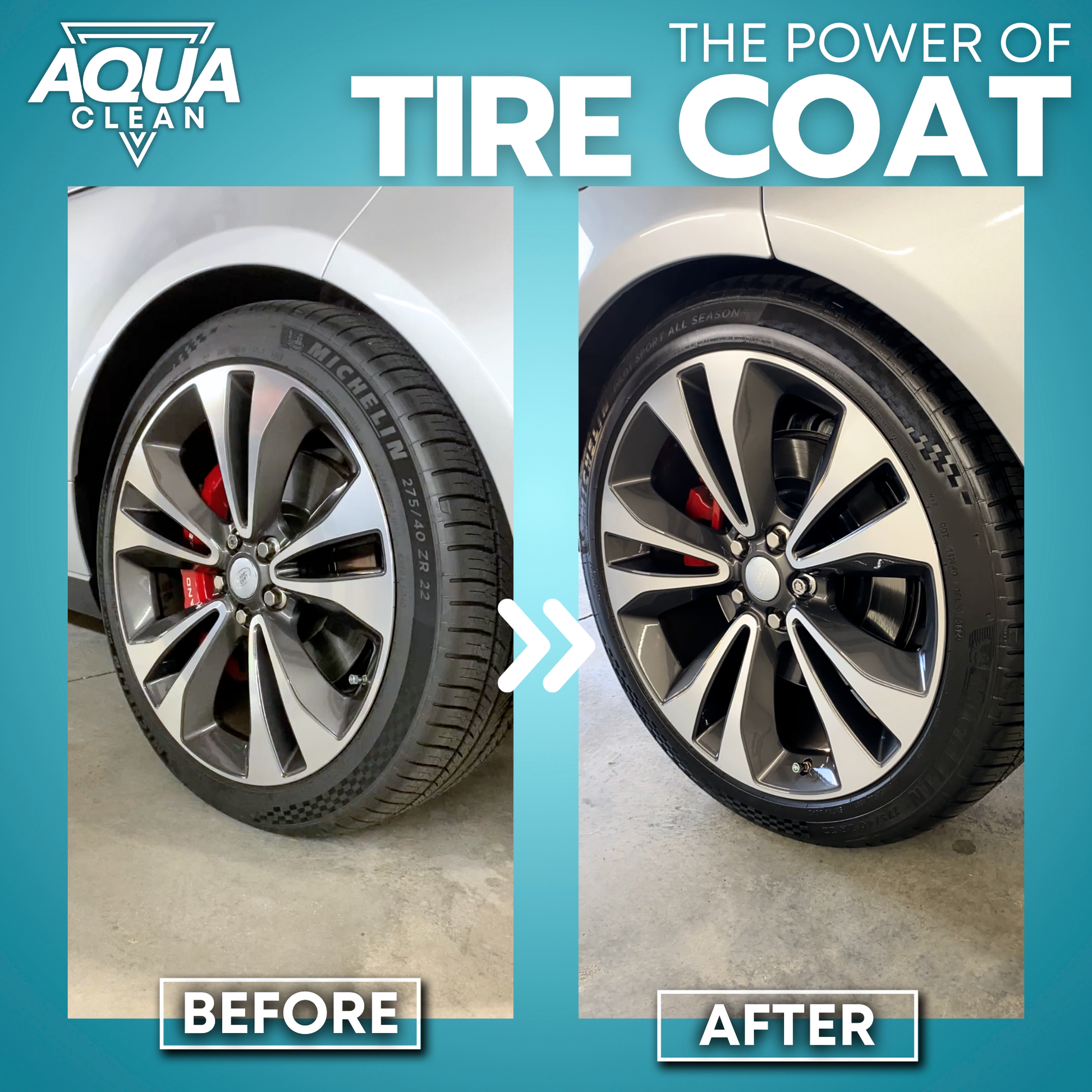 Promotional graphic showing before and after comparison of car tire treated with AquaClean Tire Coat product
