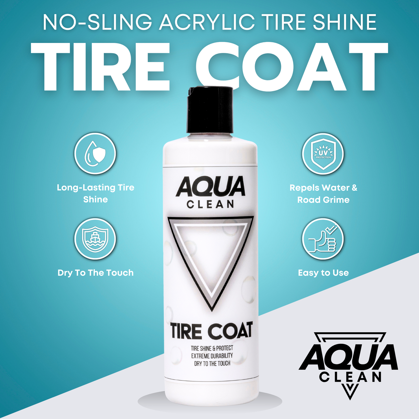 AquaClean Tire Coat product bottle on blue background with feature icons long-lasting tire shine, repels water and road grime, dry to touch, easy to use