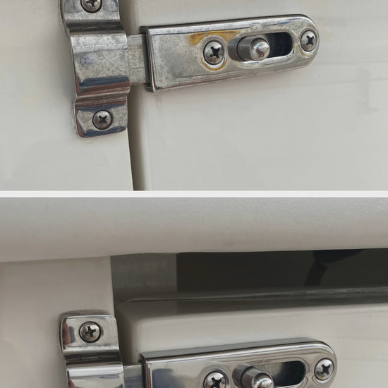 Video demonstrating AquaClean Eraser cleaning metal door hinge before and after