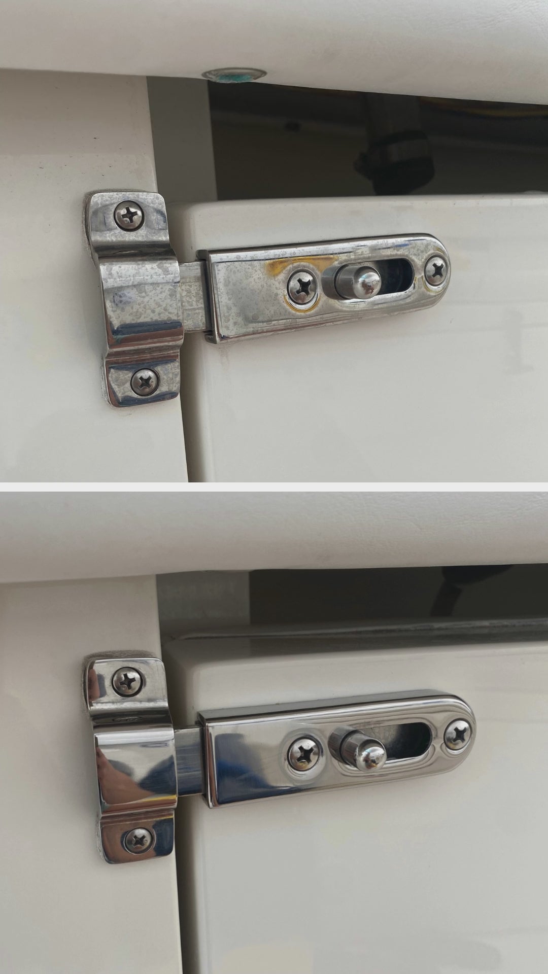 Video demonstrating AquaClean Eraser cleaning metal door hinge before and after