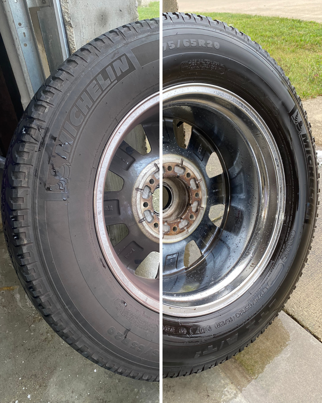 Before and after comparison of tire rim showing dirty versus cleaned finish