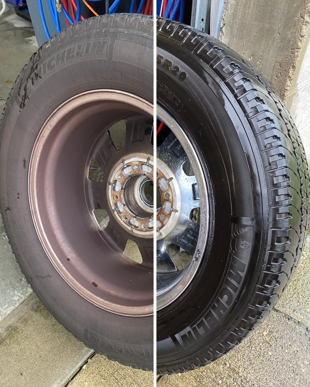 Before and after close-up of tire rim cleaned from rusty to shiny finish