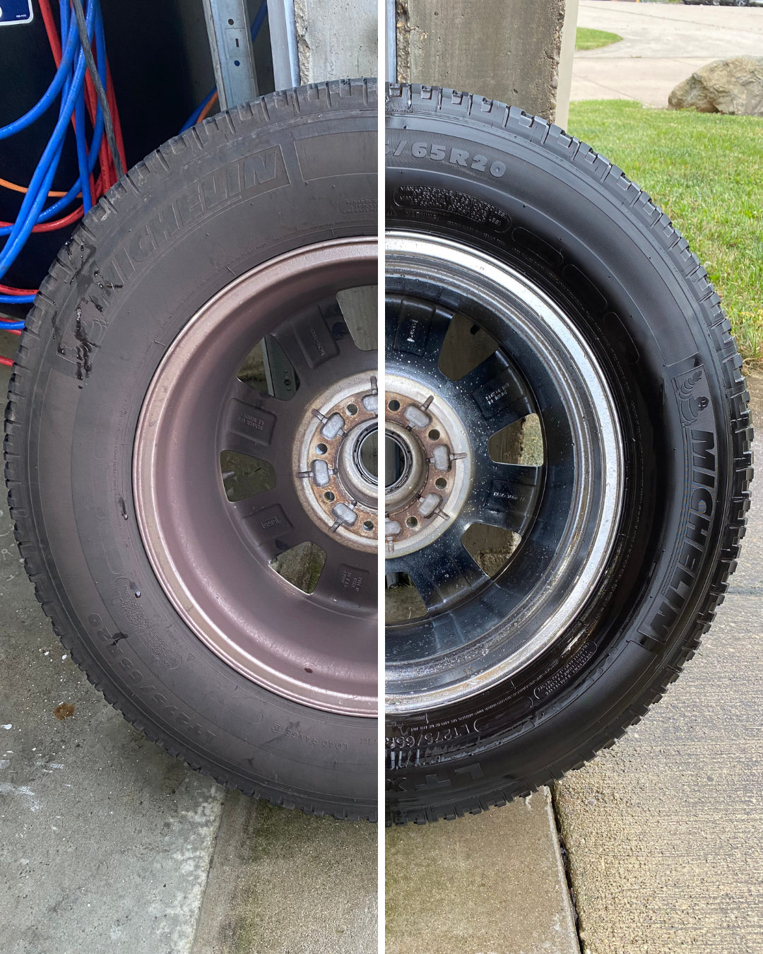 Before and after comparison of vehicle tire rim cleaned with AquaClean products